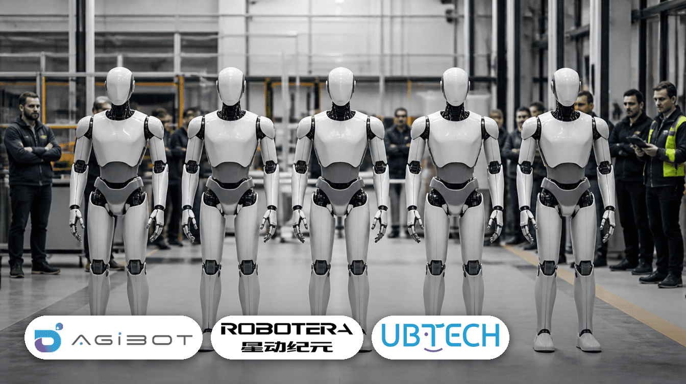 Five humanoid robots on the production line