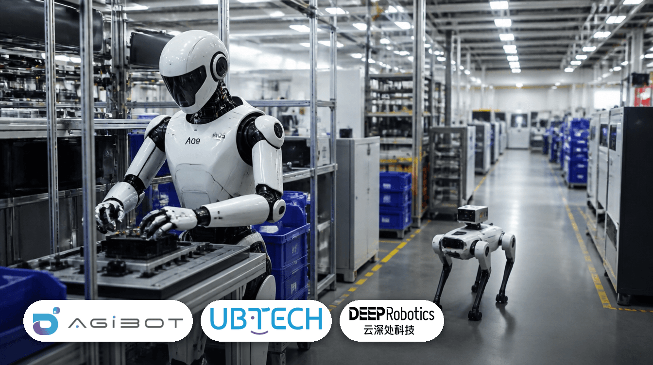 An AgiBot humanoid and a DeepRobotics quadruped on the factory floor