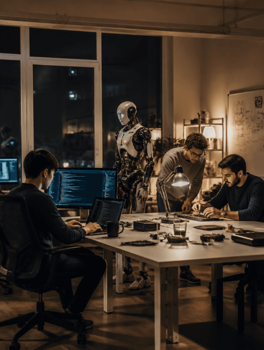 Young engineers working late beside a robot prototype