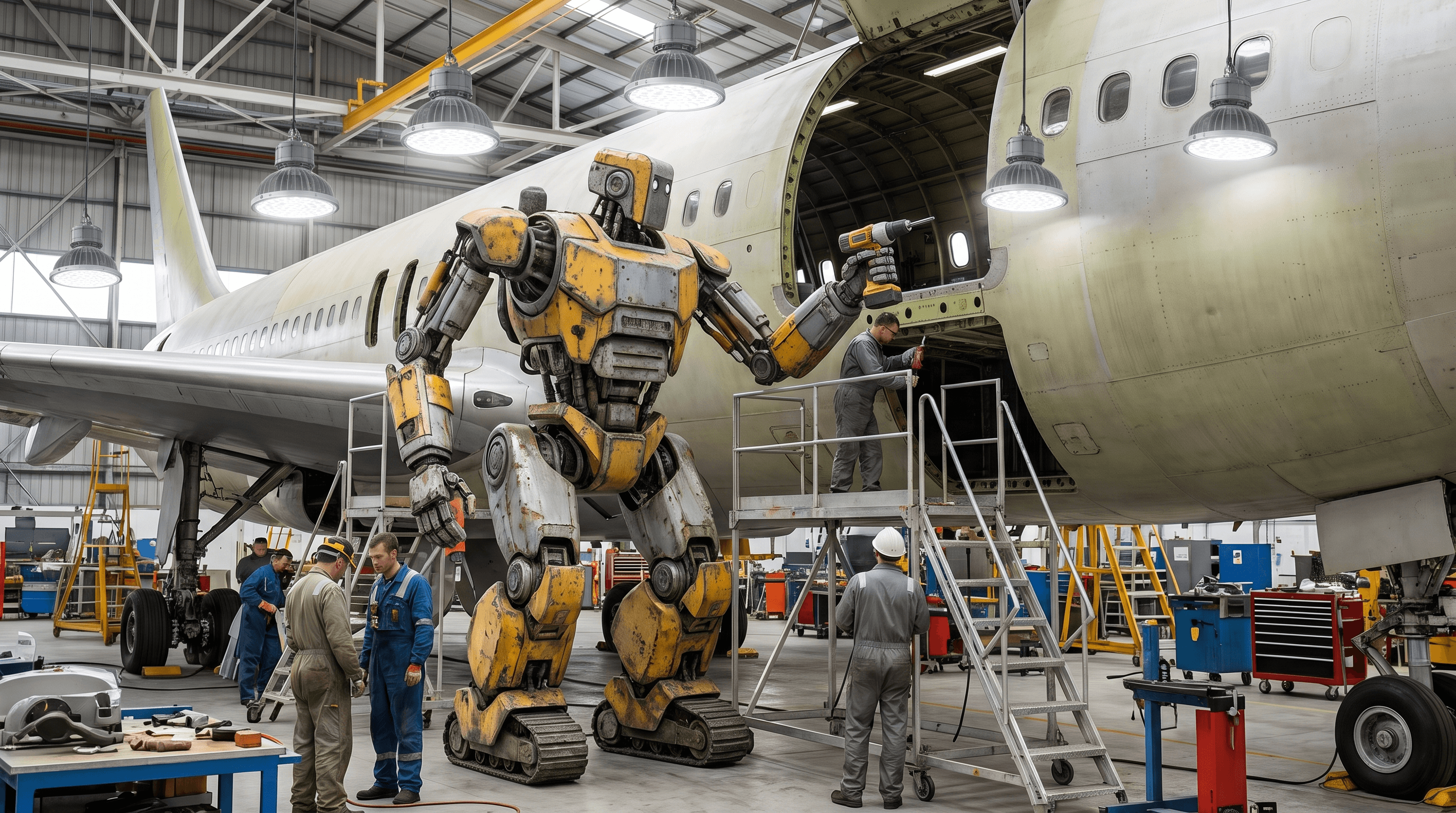 A humanoid robot in an aircraft hangar