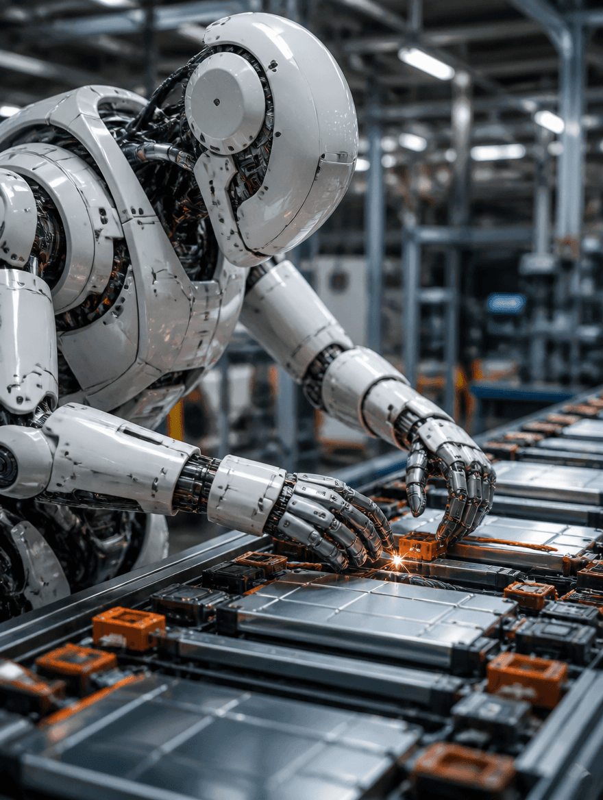 A humanoid robot connecting battery connectors on an assembly line