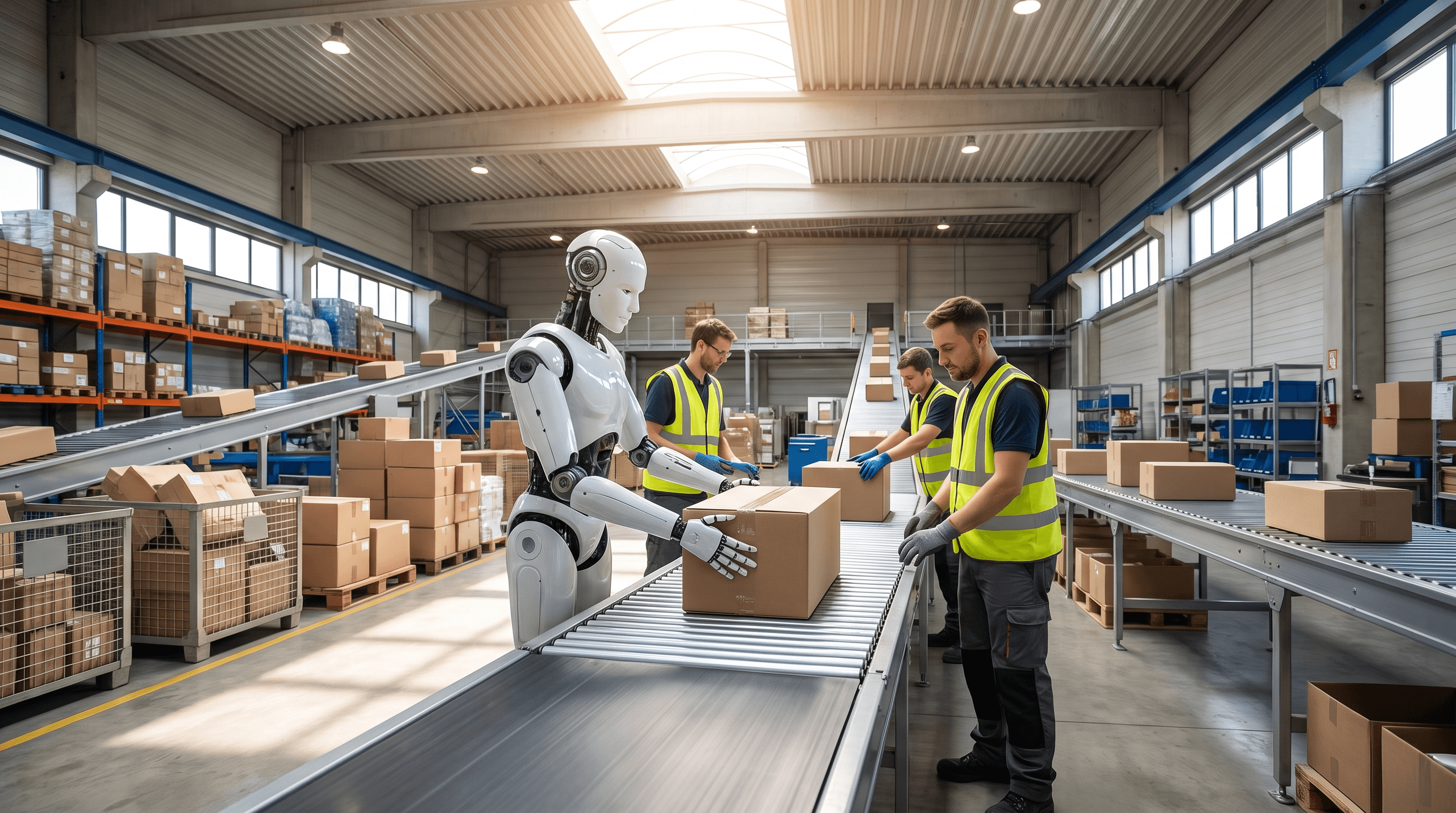 A humanoid robot working at a warehouse sorting station