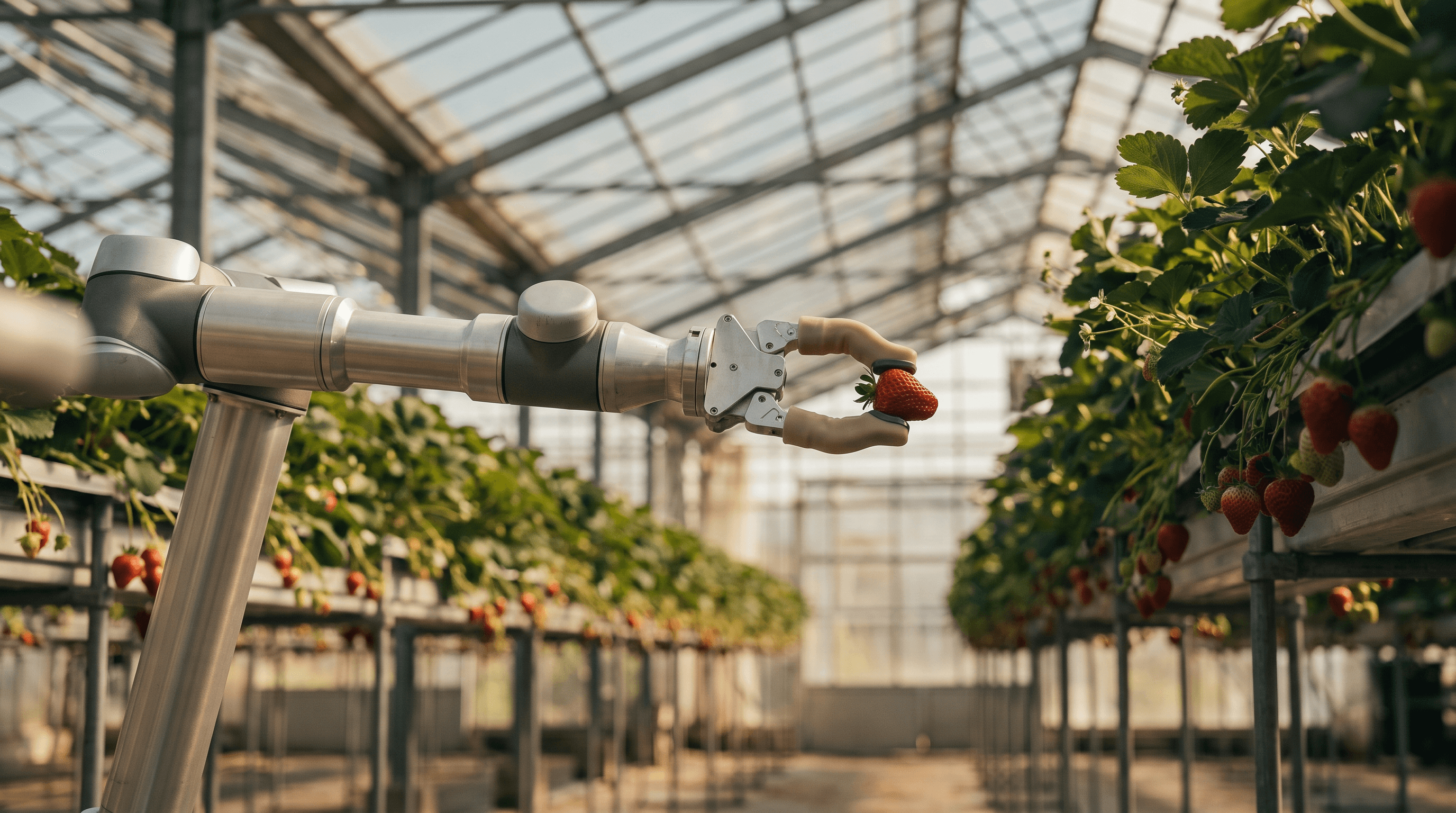 A robot picking strawberries in a greenhouse