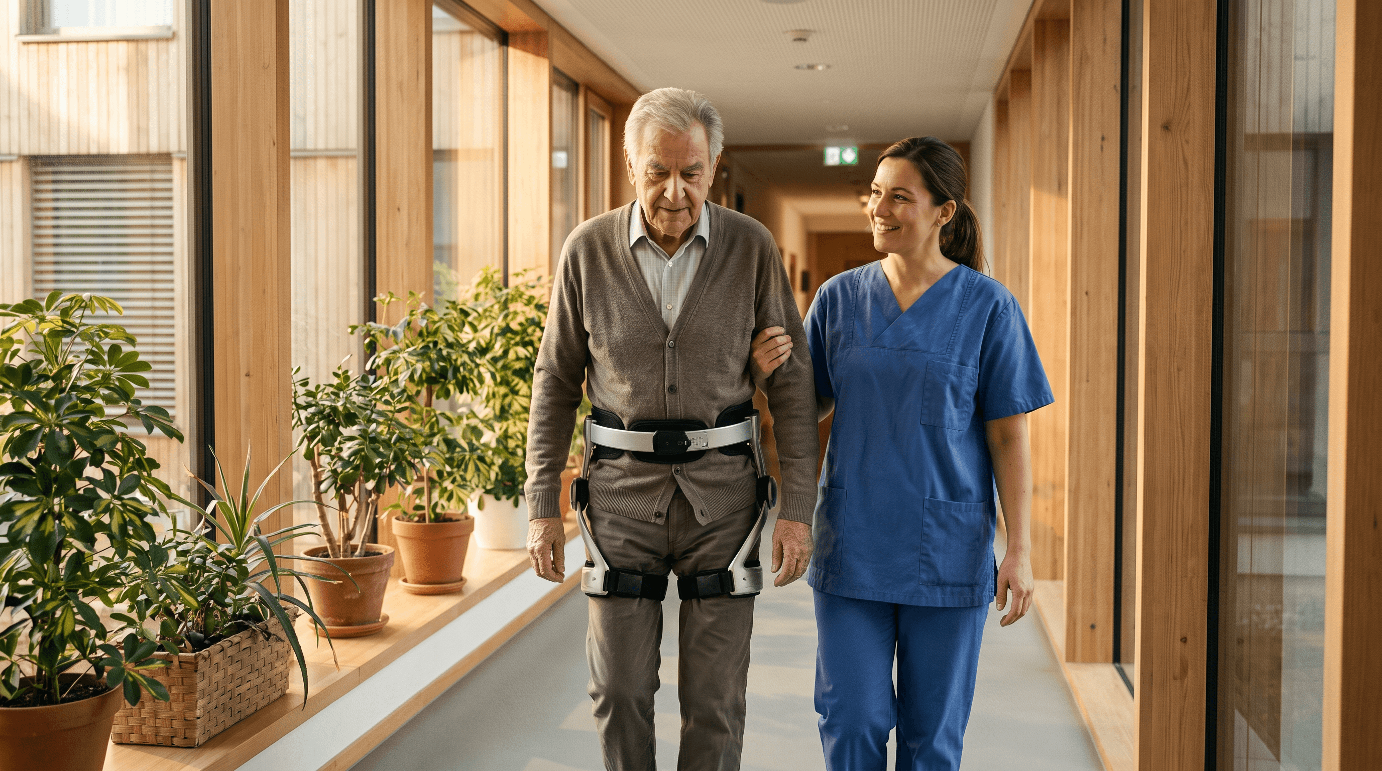 An elderly person walking with an exoskeleton