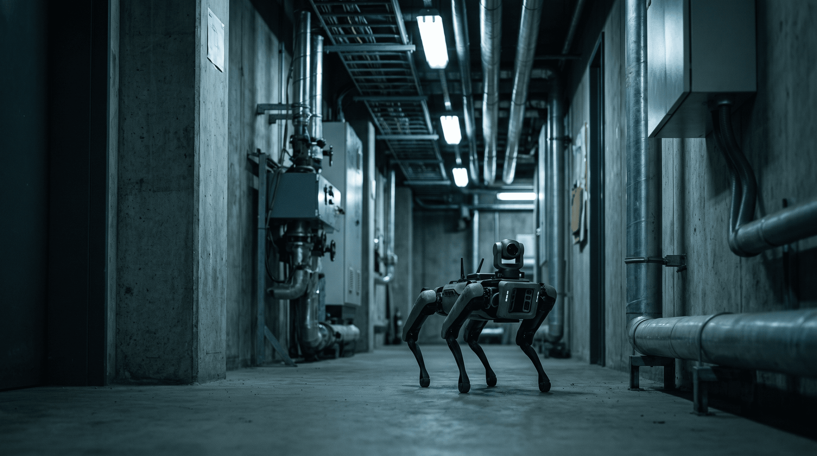 A robot dog patrolling an industrial facility