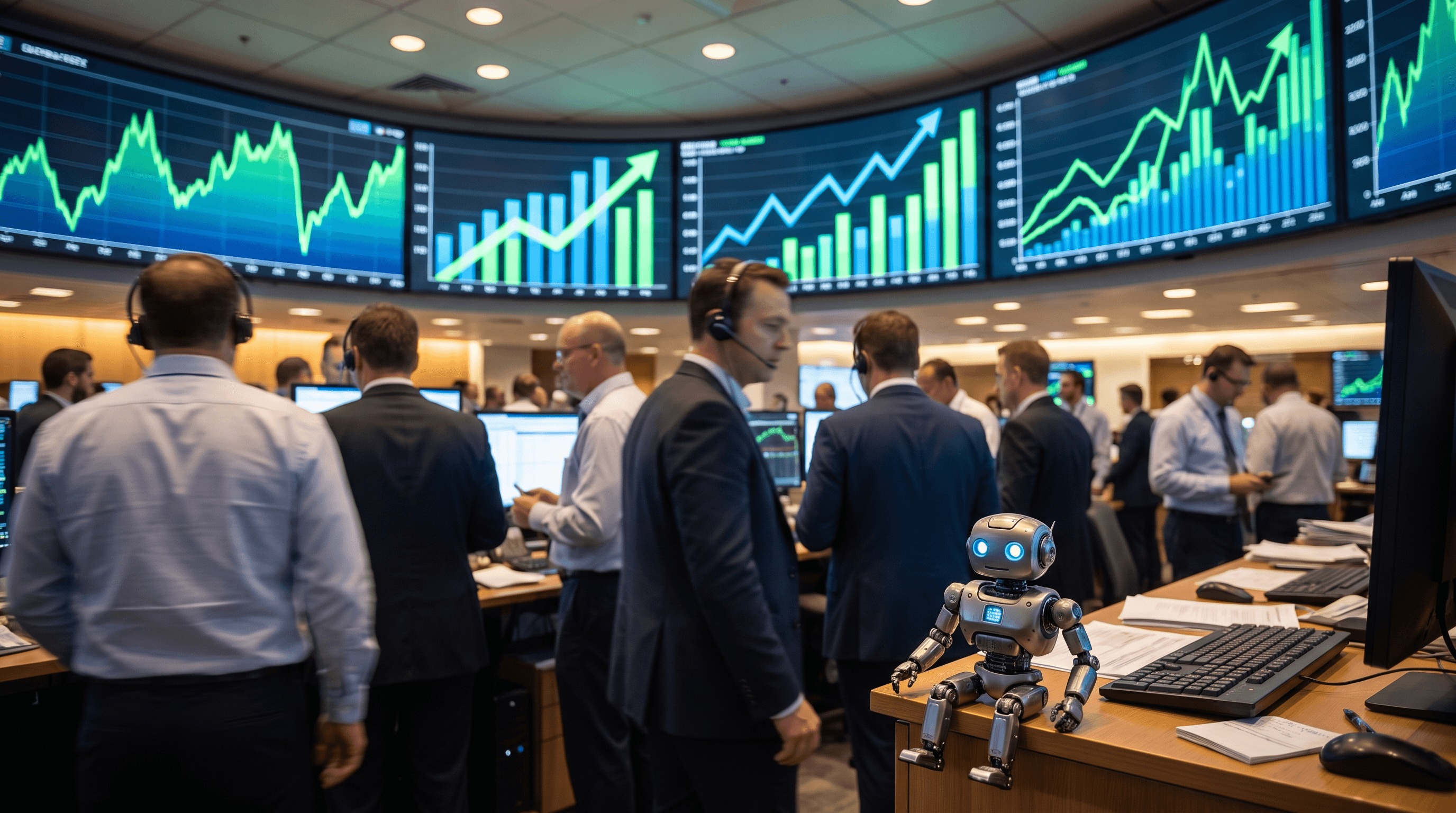 Rising stock charts next to a robot