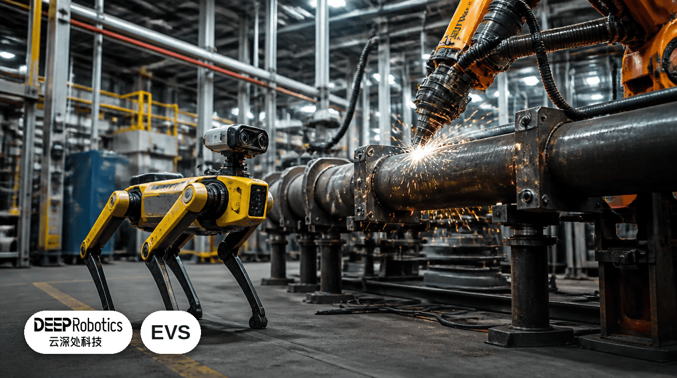 A DeepRobotics quadruped and a welding robot on the shop floor
