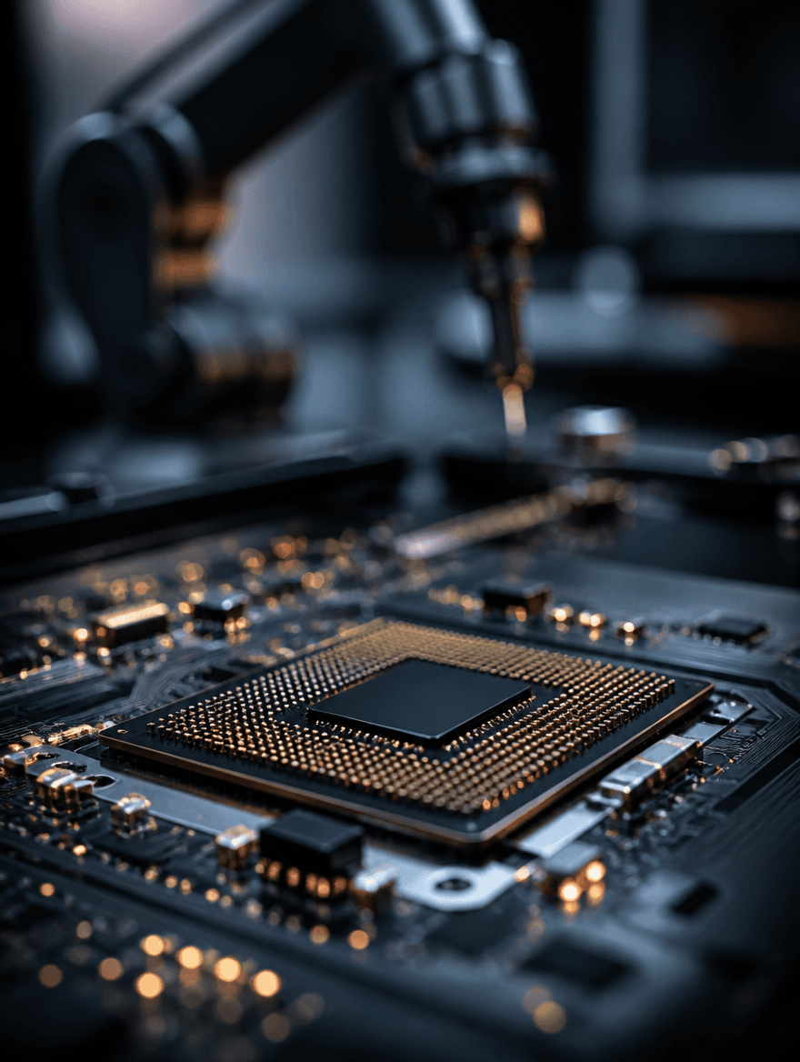 Close-up of a chip with a robotic arm silhouette