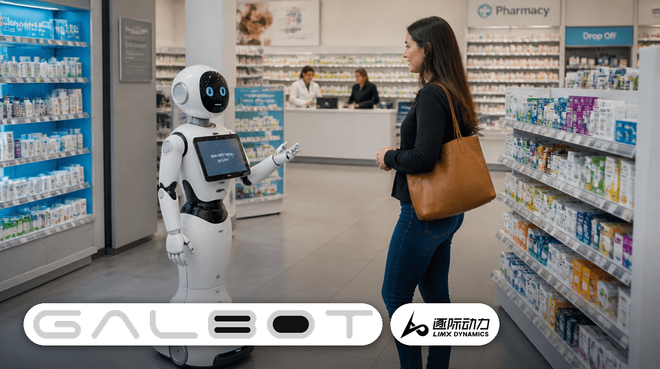 A wheeled Galbot humanoid in a retail store