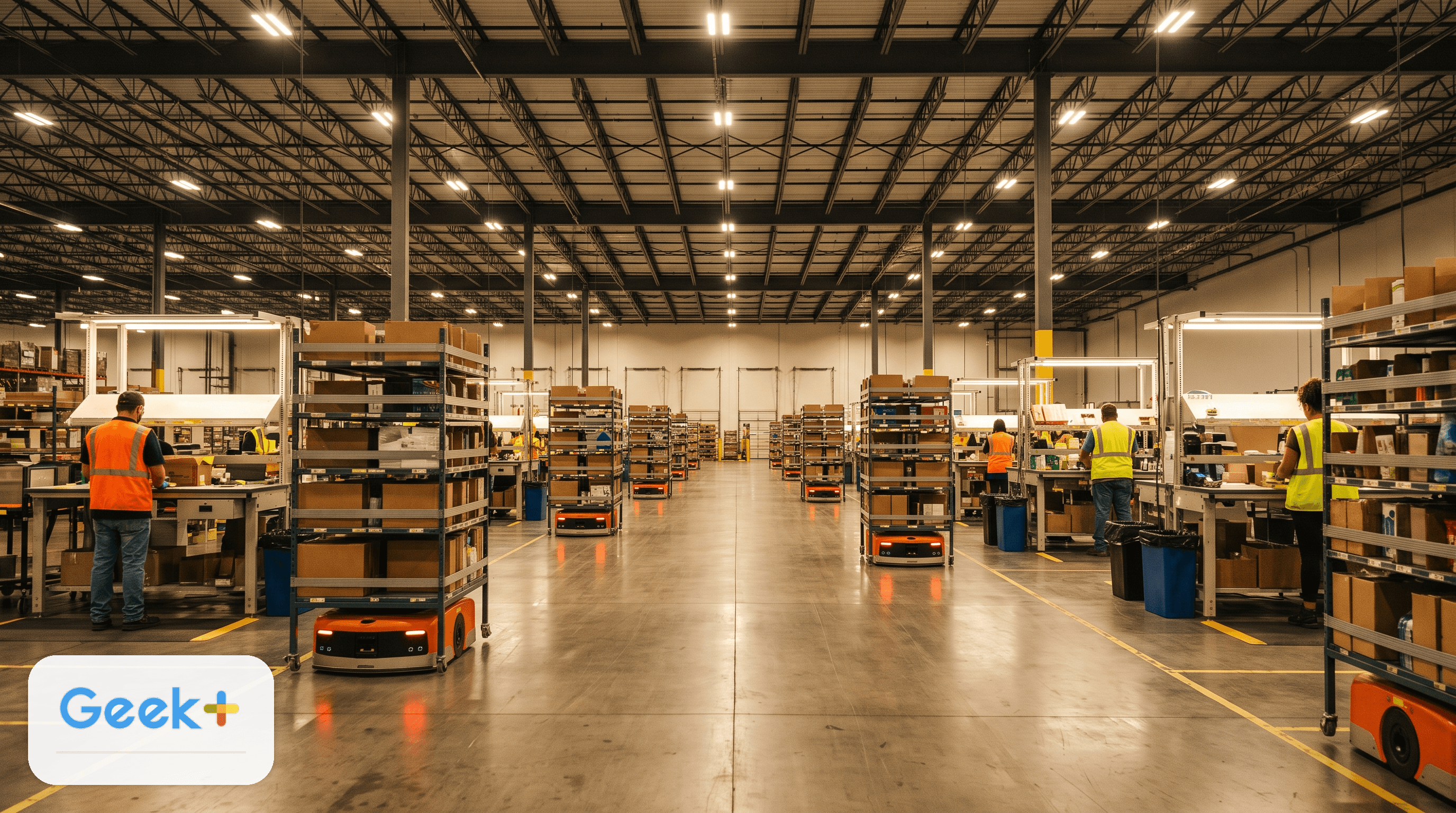 Autonomous robots carrying shelving units in a warehouse