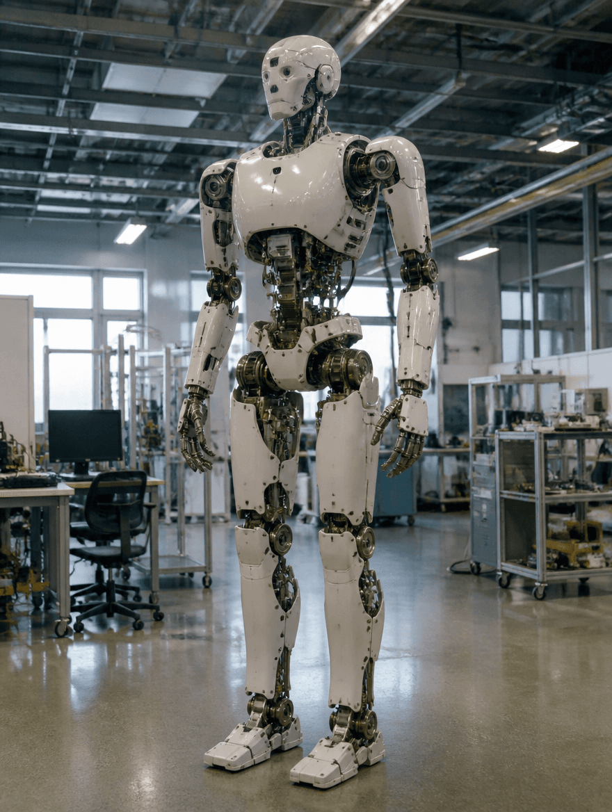 A tall humanoid robot with exposed joint mechanisms