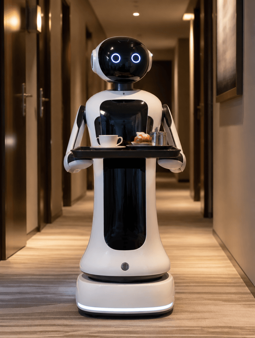 Service robot delivering a tray down a hotel corridor