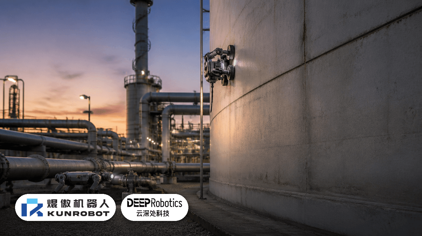 KunRobot and DeepRobotics inspection robots at an industrial site