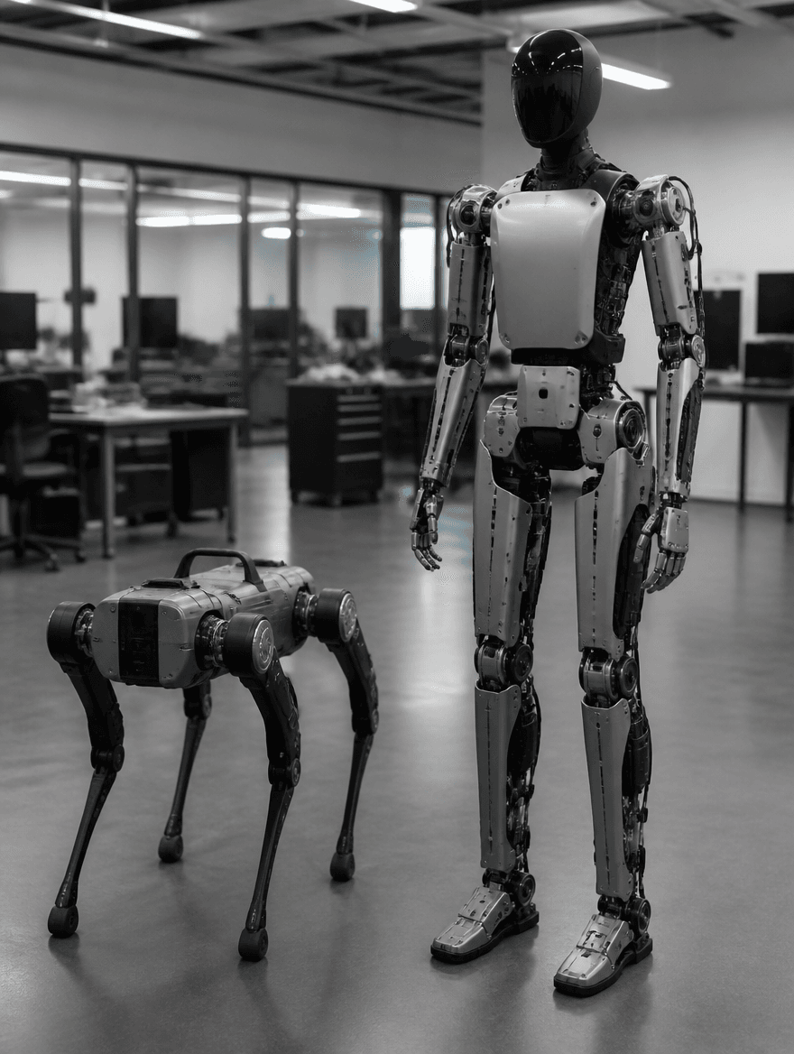 Robot dog and humanoid standing side by side