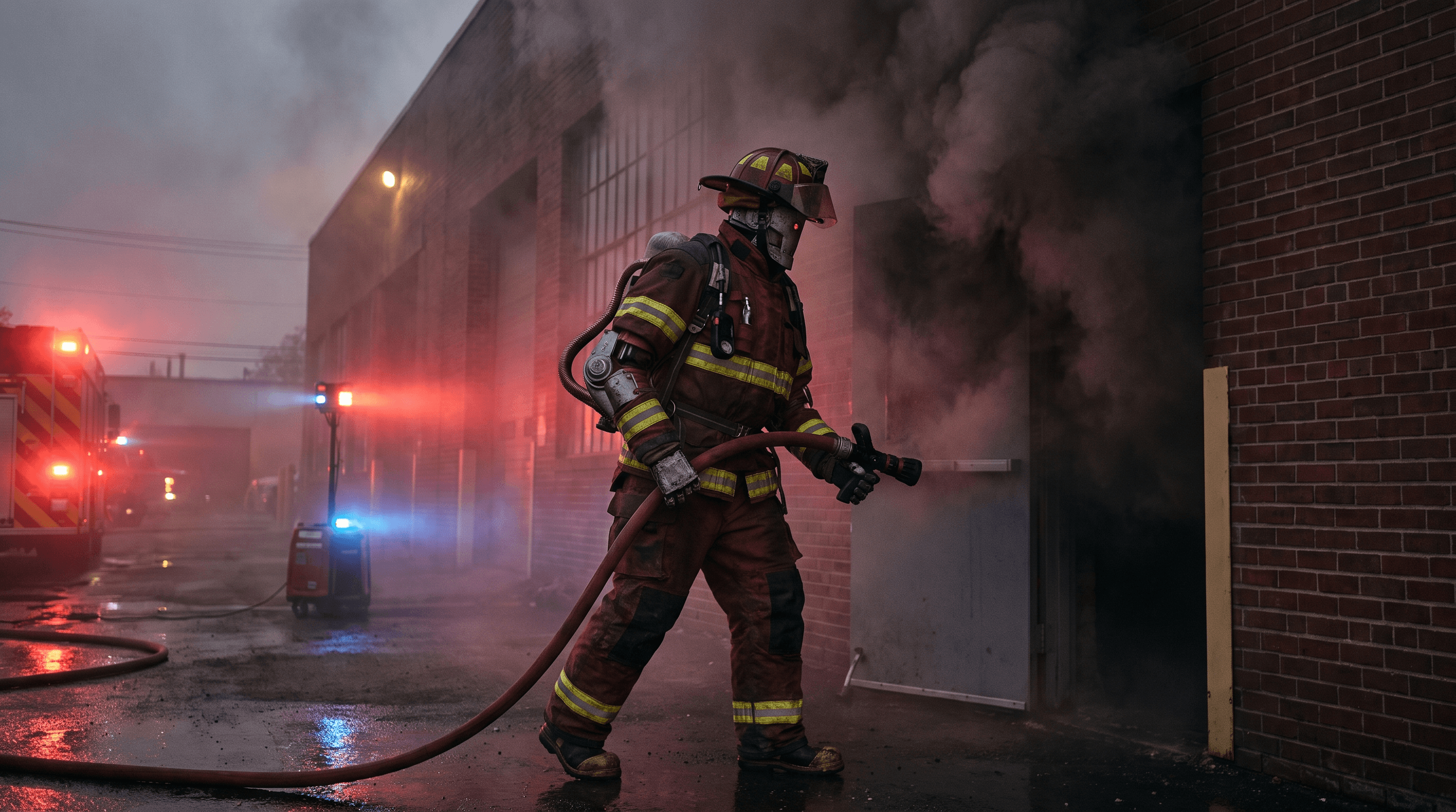 A firefighting humanoid robot near a smoke-filled building