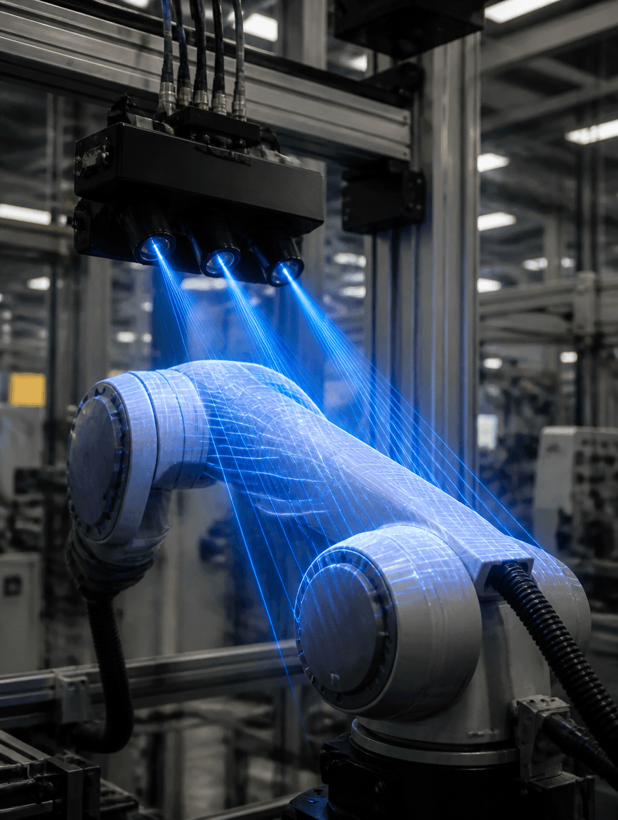 Machine-vision system scanning a robotic arm on the line