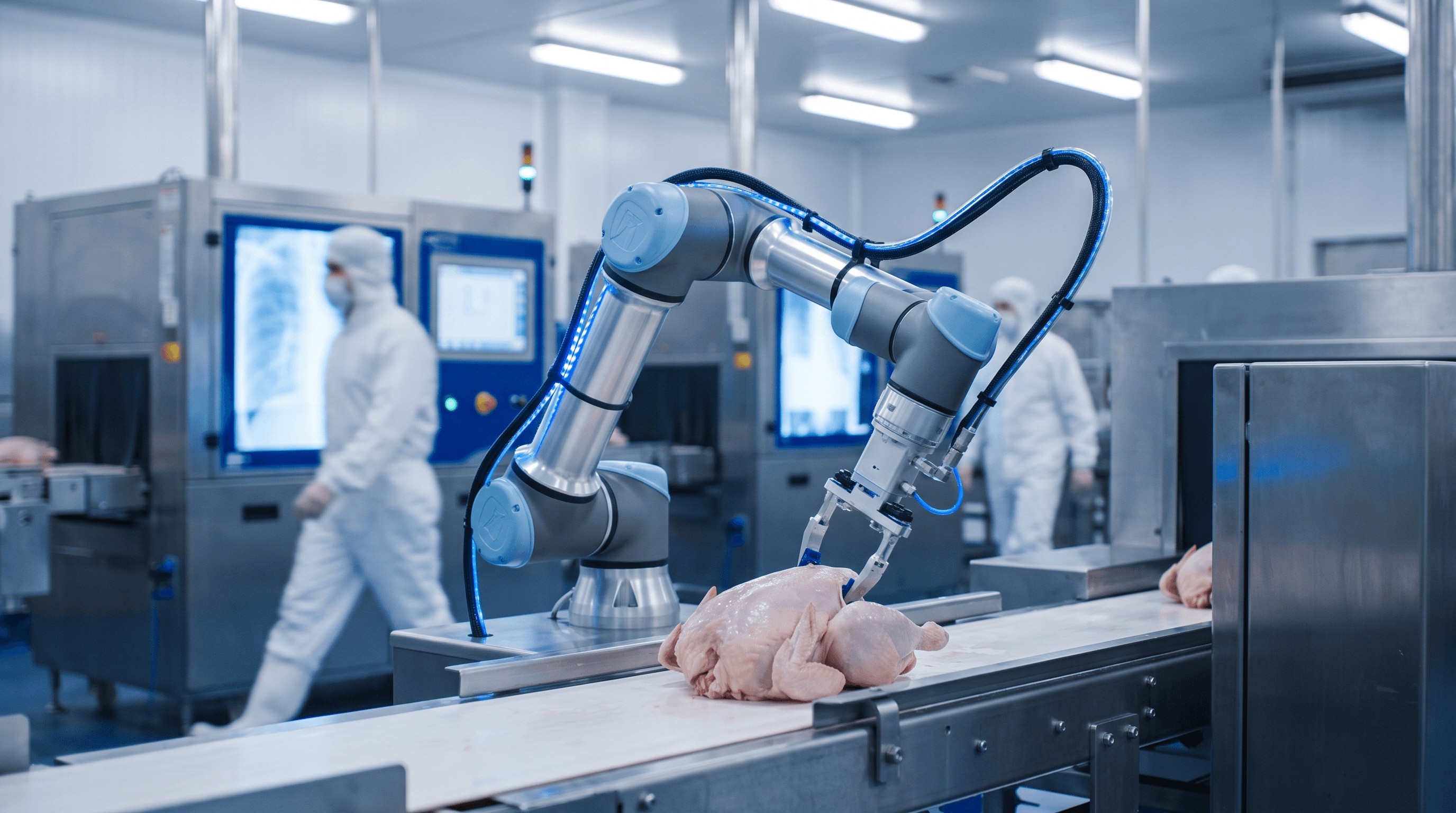 Robotic arm on a poultry processing line