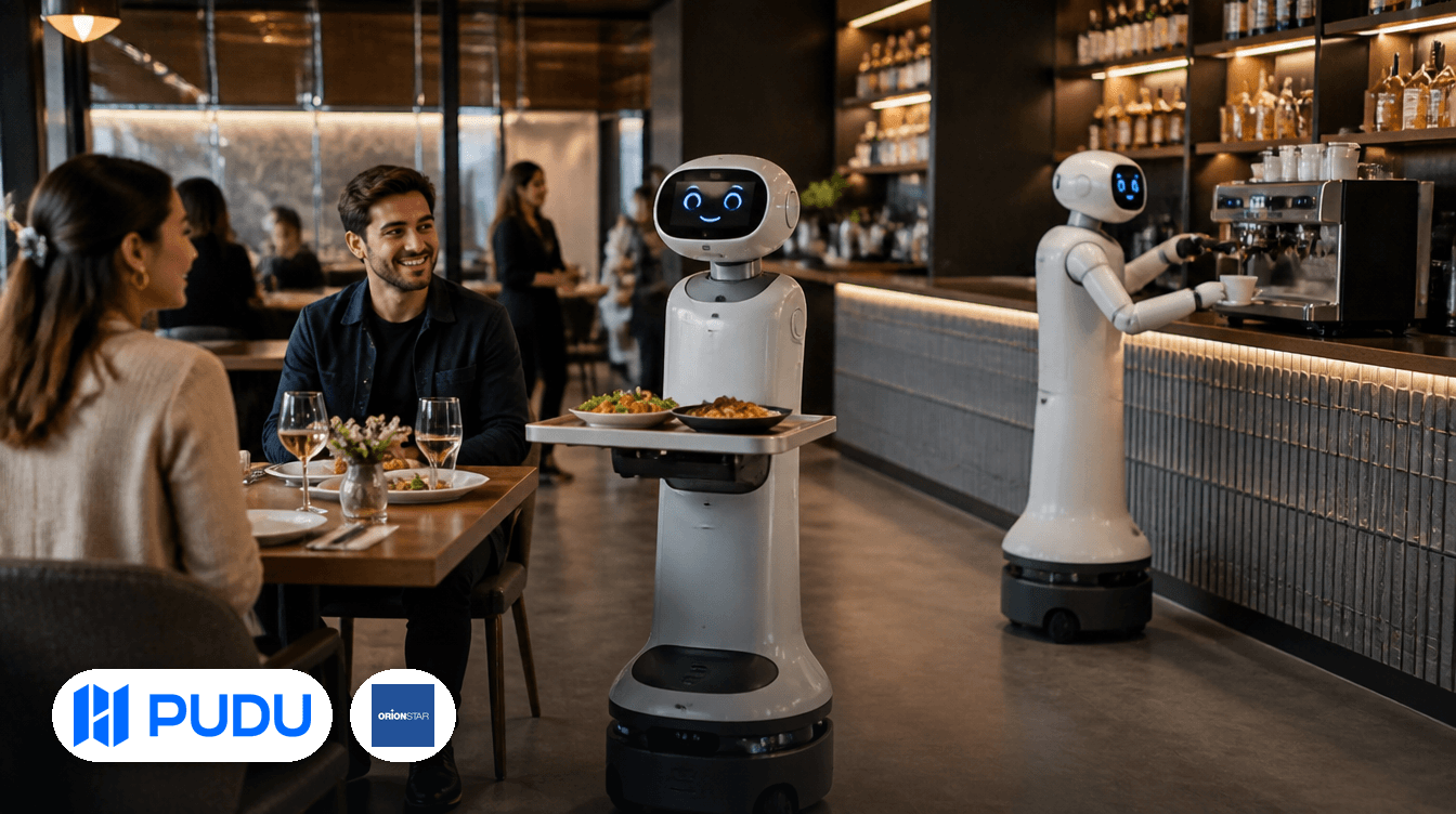 Pudu Robotics and Orion Star service robots in a restaurant