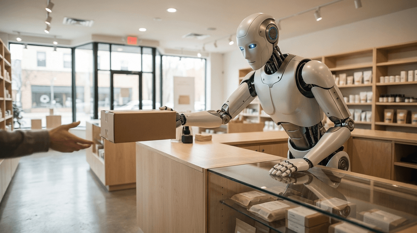 Qio O1 humanoid serving a customer in an autonomous store