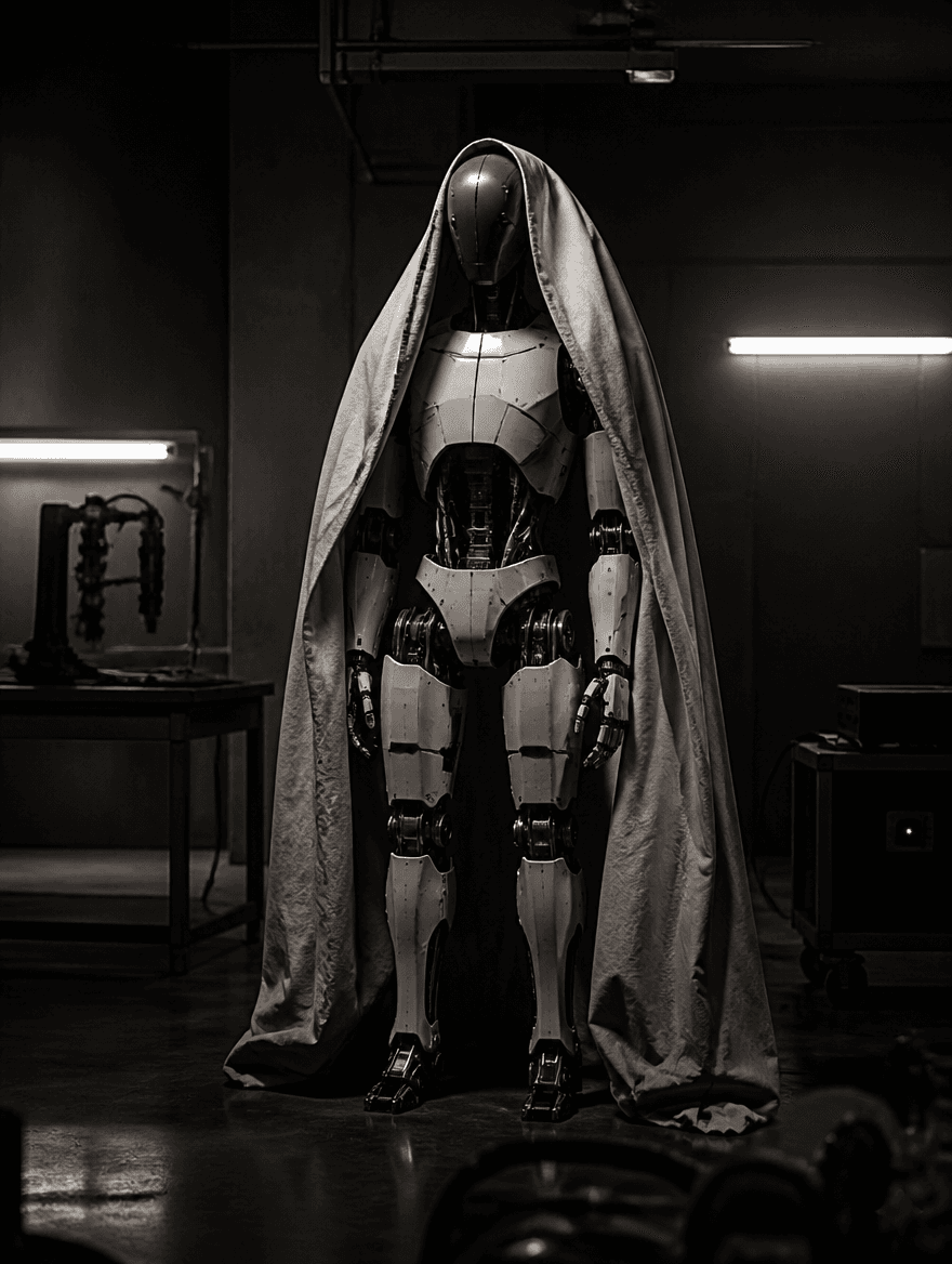 Humanoid prototype under a cloth in a lab