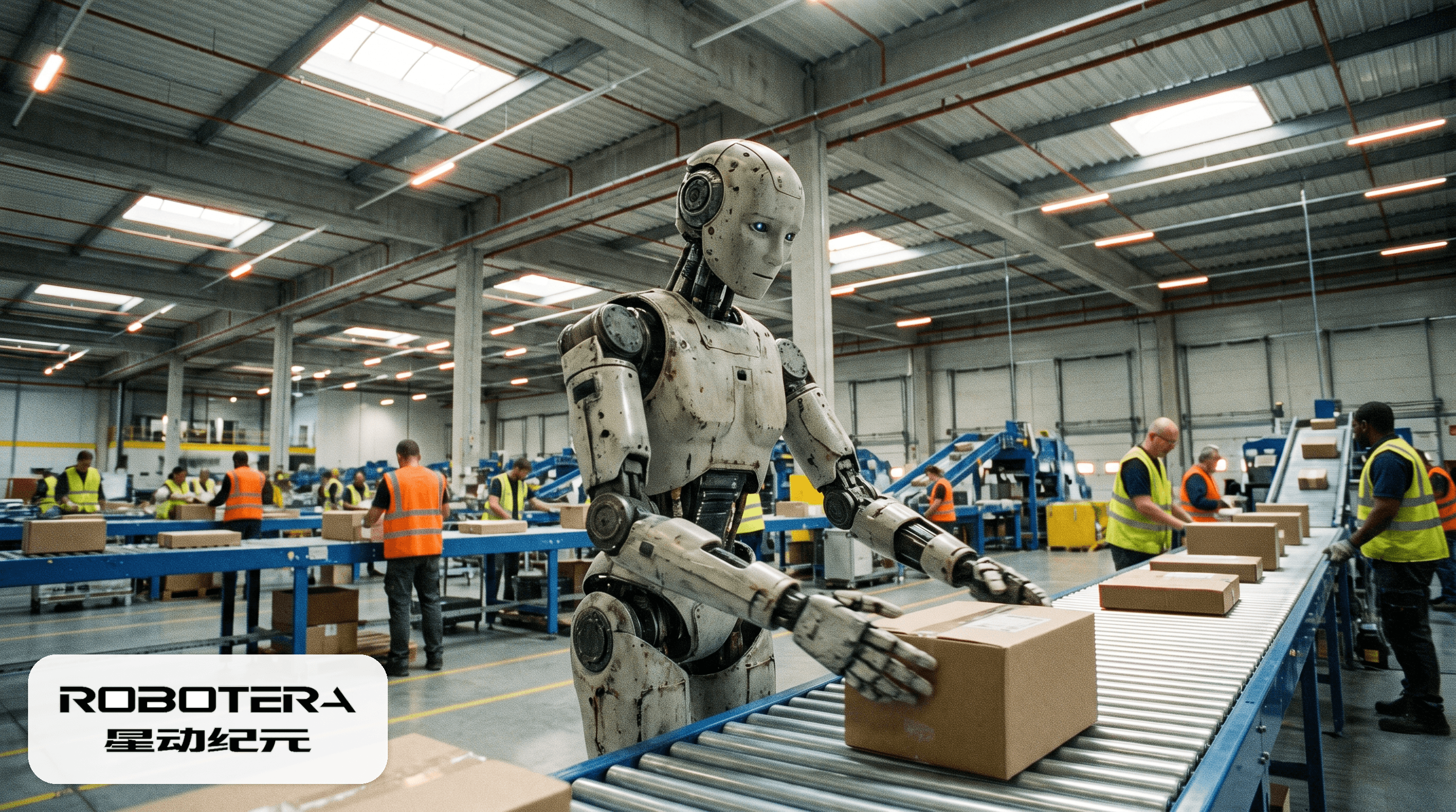 A humanoid robot sorting parcels at a logistics center