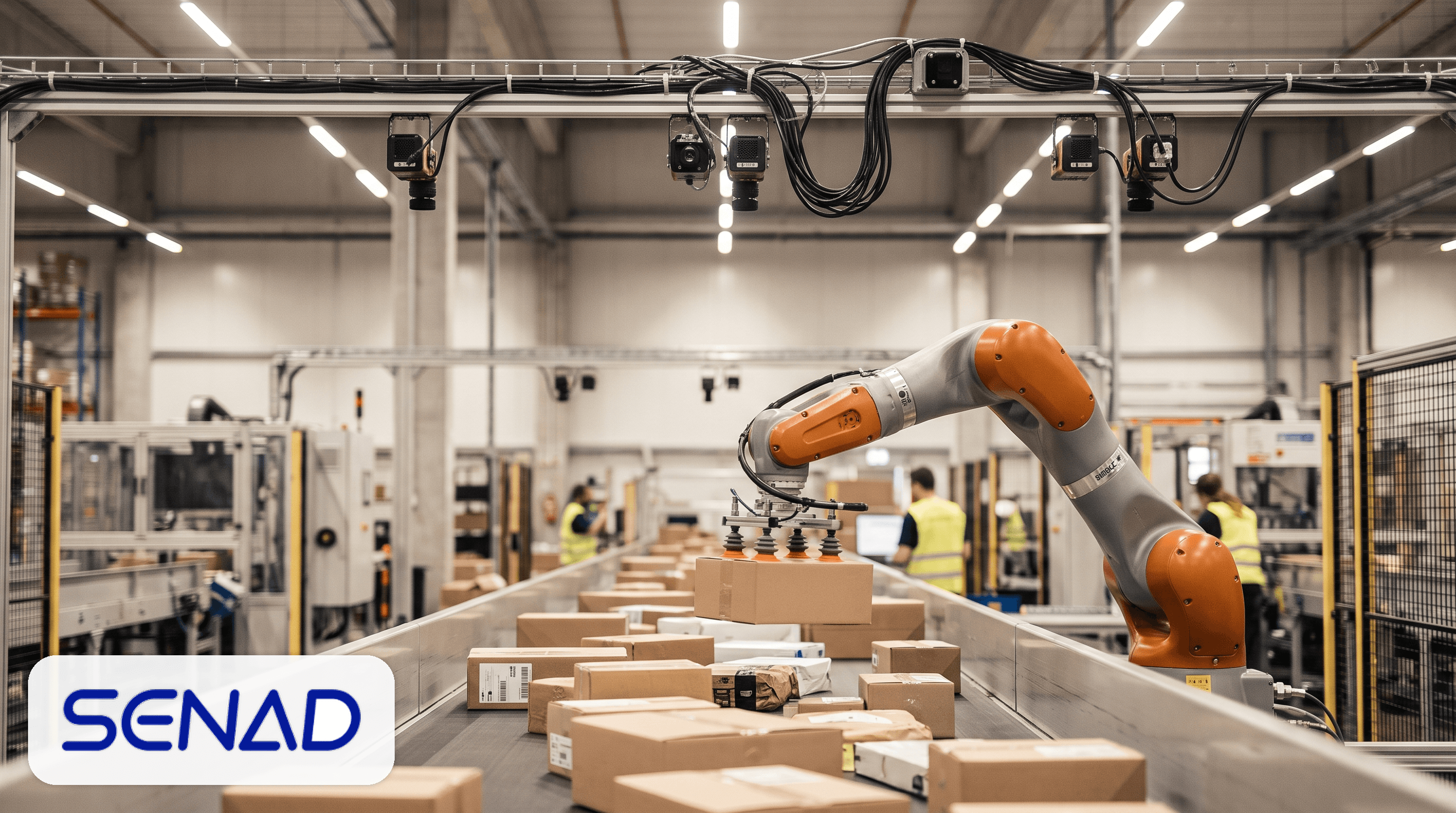 Senad robot sorting packages on a warehouse conveyor