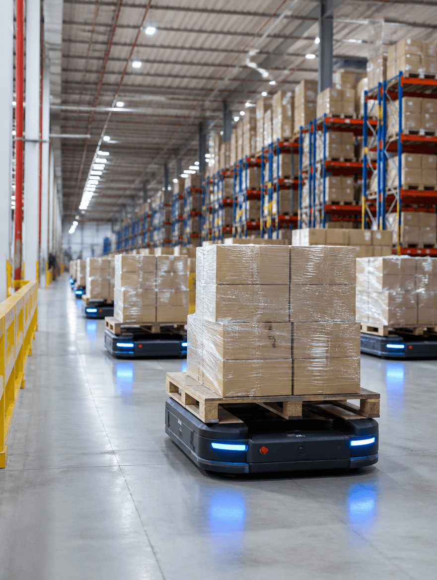 Fleet of autonomous mobile robots moving pallets