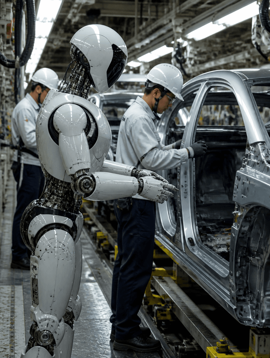 A humanoid robot beside workers on an assembly line