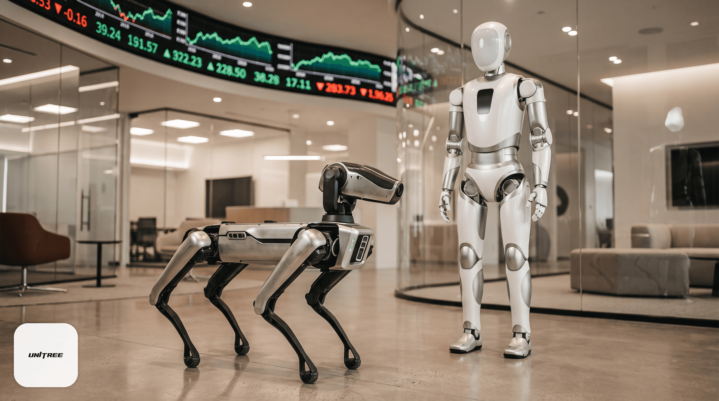 A robot in front of a stock ticker display