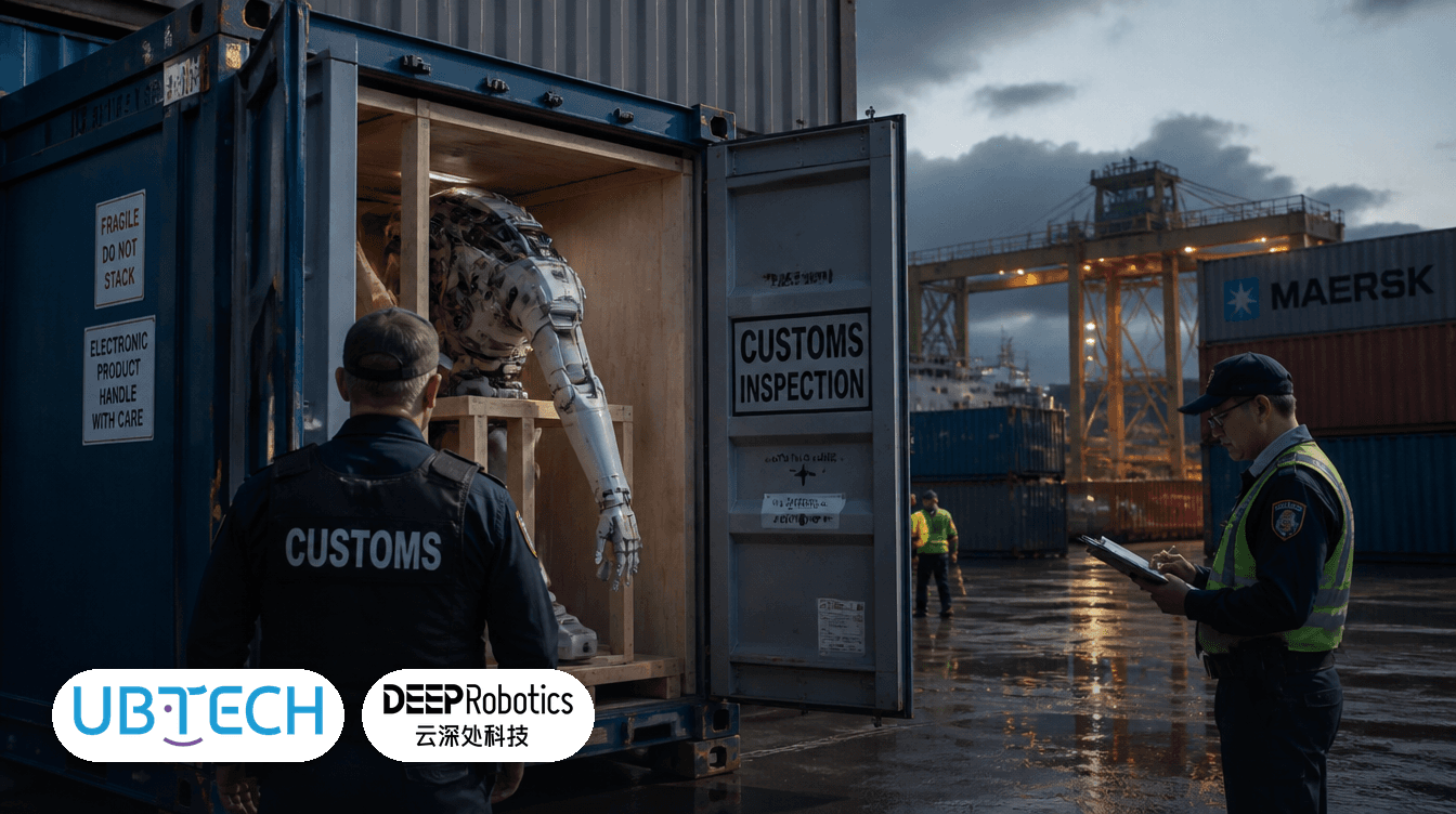 Customs inspection of a humanoid robot shipment at port