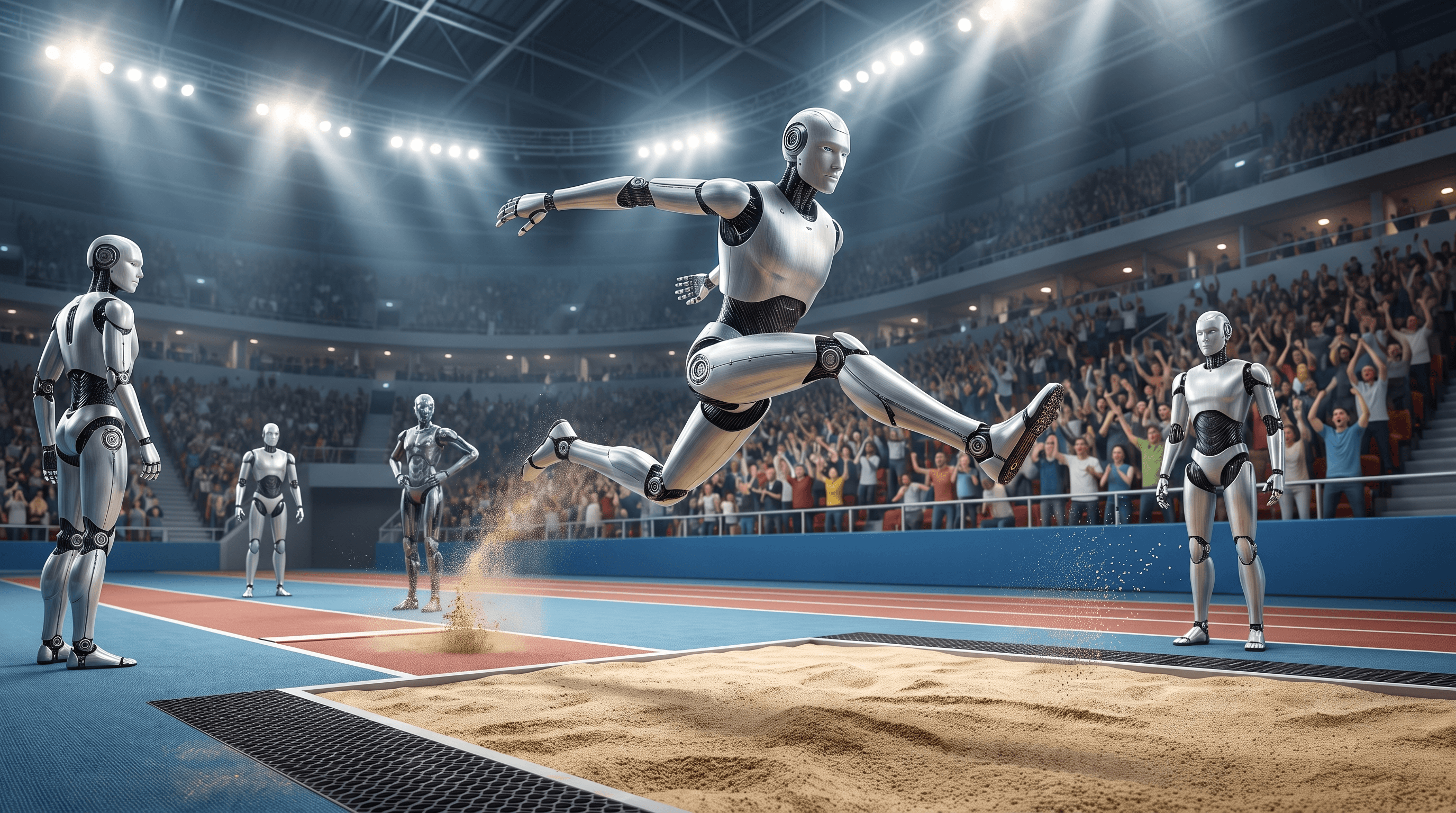 Humanoid robots competing in a long jump event